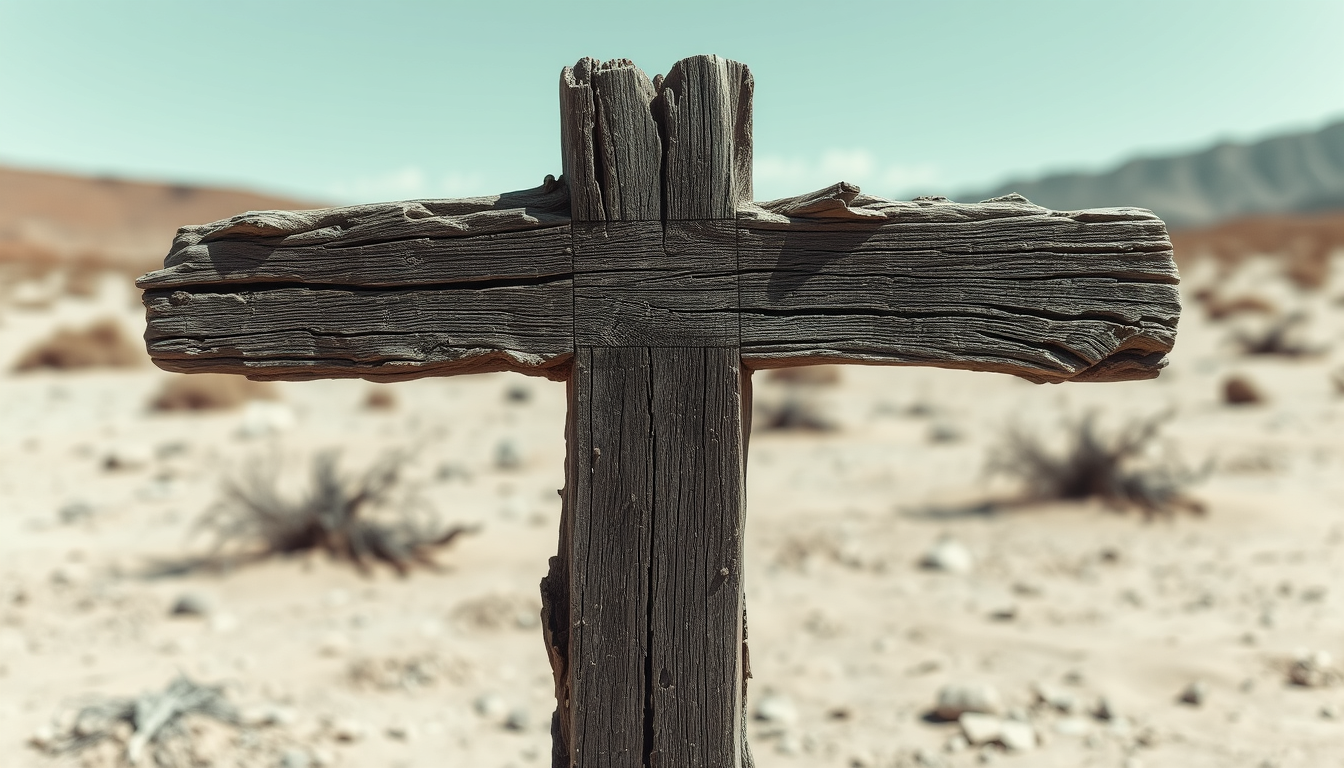 An old dilapidated wooden cross like a grave marker is standing in a barren desert landscape. The wood appears to be old and weathered, with a rough texture and deep grooves. The surface of the wood is rough and uneven, with some areas of the bark appearing darker and more jagged. The overall feel is depressing and desolate. - Image