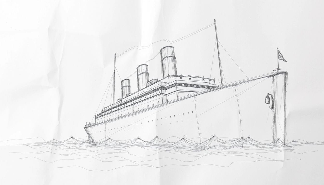 Titanic, rough pencil sketch, wild style. The paper of the sketch is crumpled and has many eraser marks on it. - Image