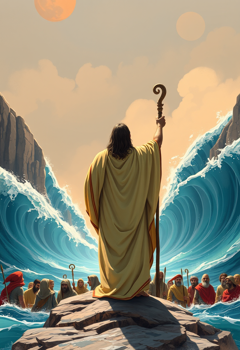 Depict Moses standing with his staff raised, as the Red Sea parts, with walls of water on either side and the Israelites crossing.