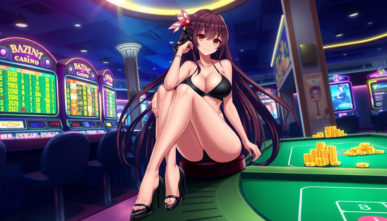 Anime style, a beautiful long-haired brunette girl wearing a black bikini, sitting with her legs crossed and high heels at a casino. - Image