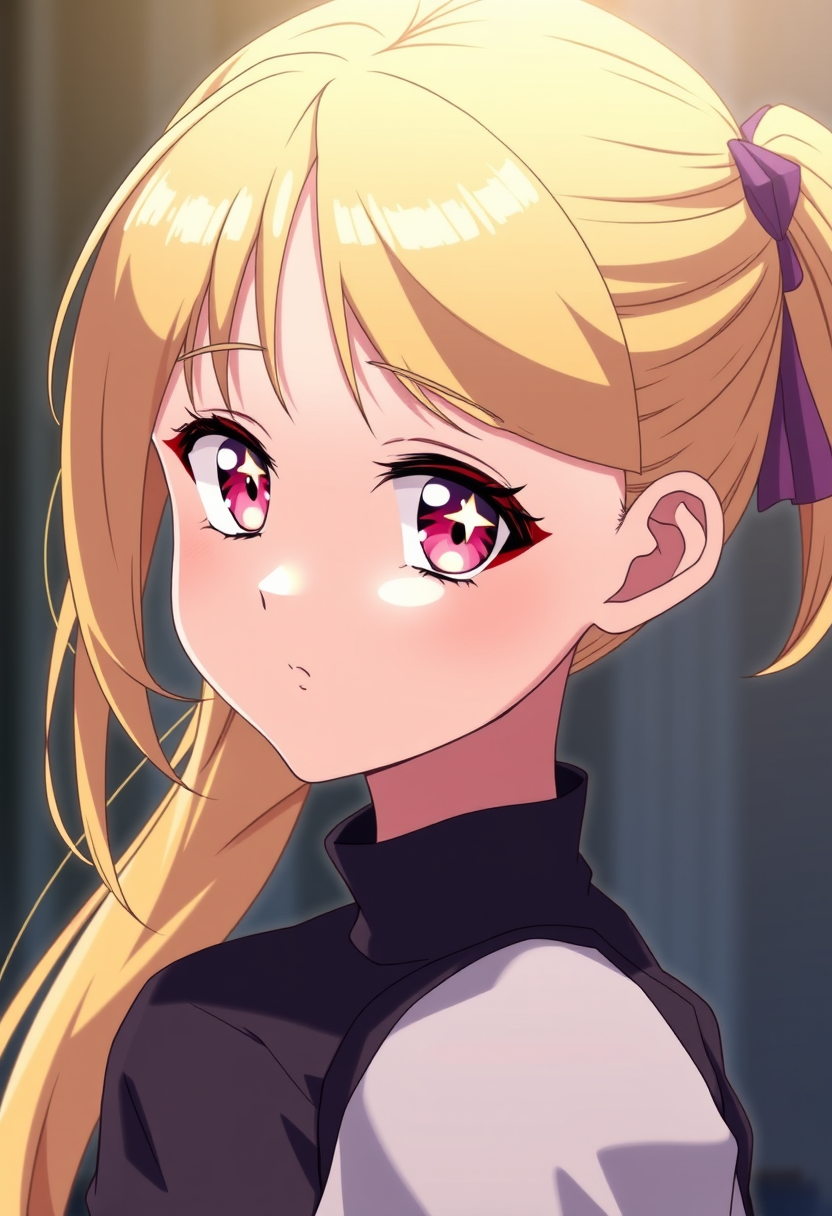 A beautiful young girl of average height with blonde hair tied in a side ponytail (similar to how her late mother Ai Hoshino used to do) and pink-ruby colored eyes, featuring a six-star in her left eye just like her late mother. Anime style. She has a star only in her right eye.