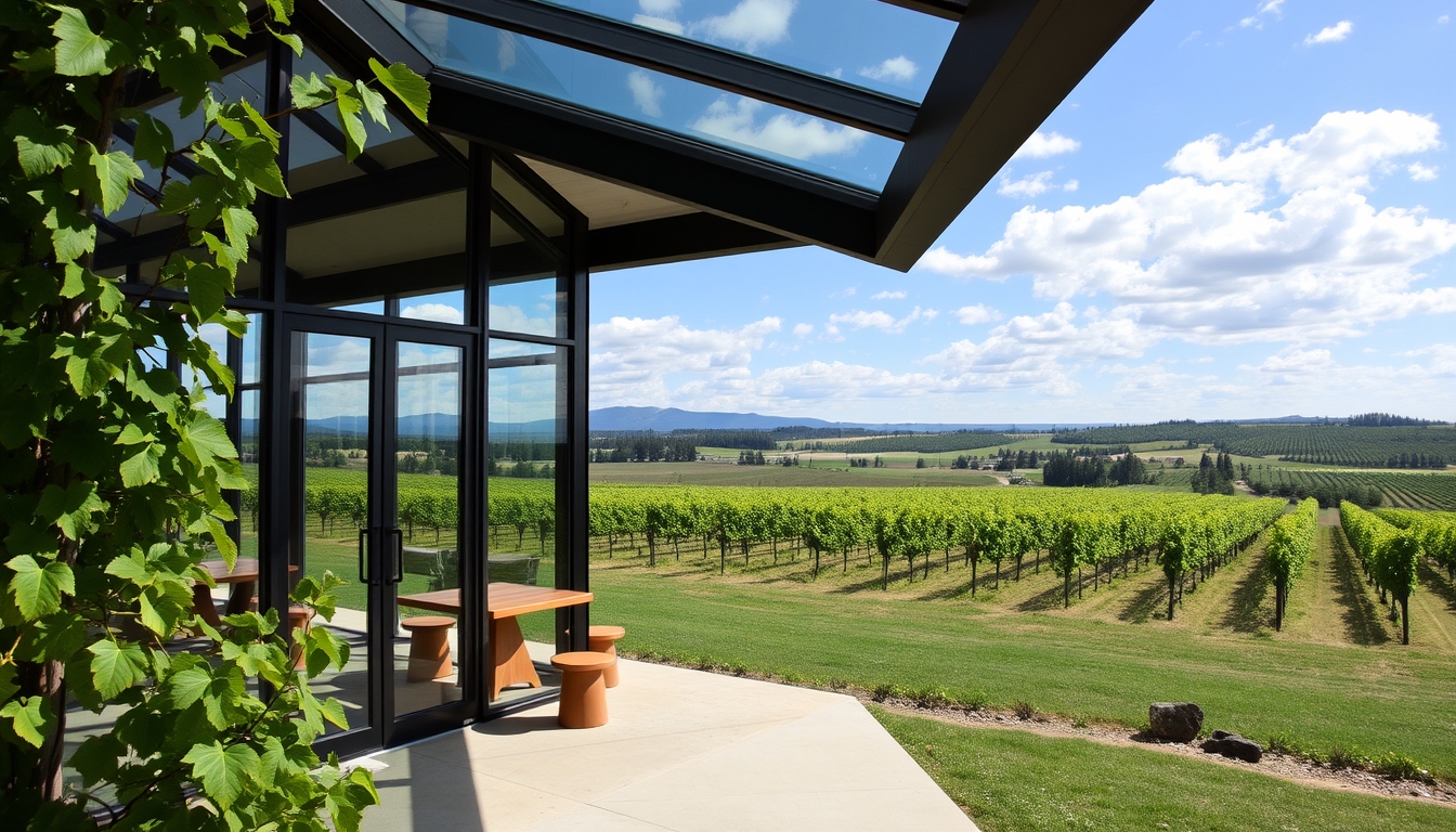 A picturesque vineyard with a glass-walled tasting room overlooking the grapevines.