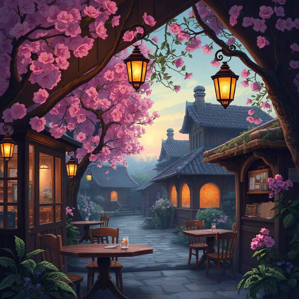 A cozy cafe in the village on a spring evening, with lantern light and blooming trees. A cozy interior depicted in the style of fantasy art.