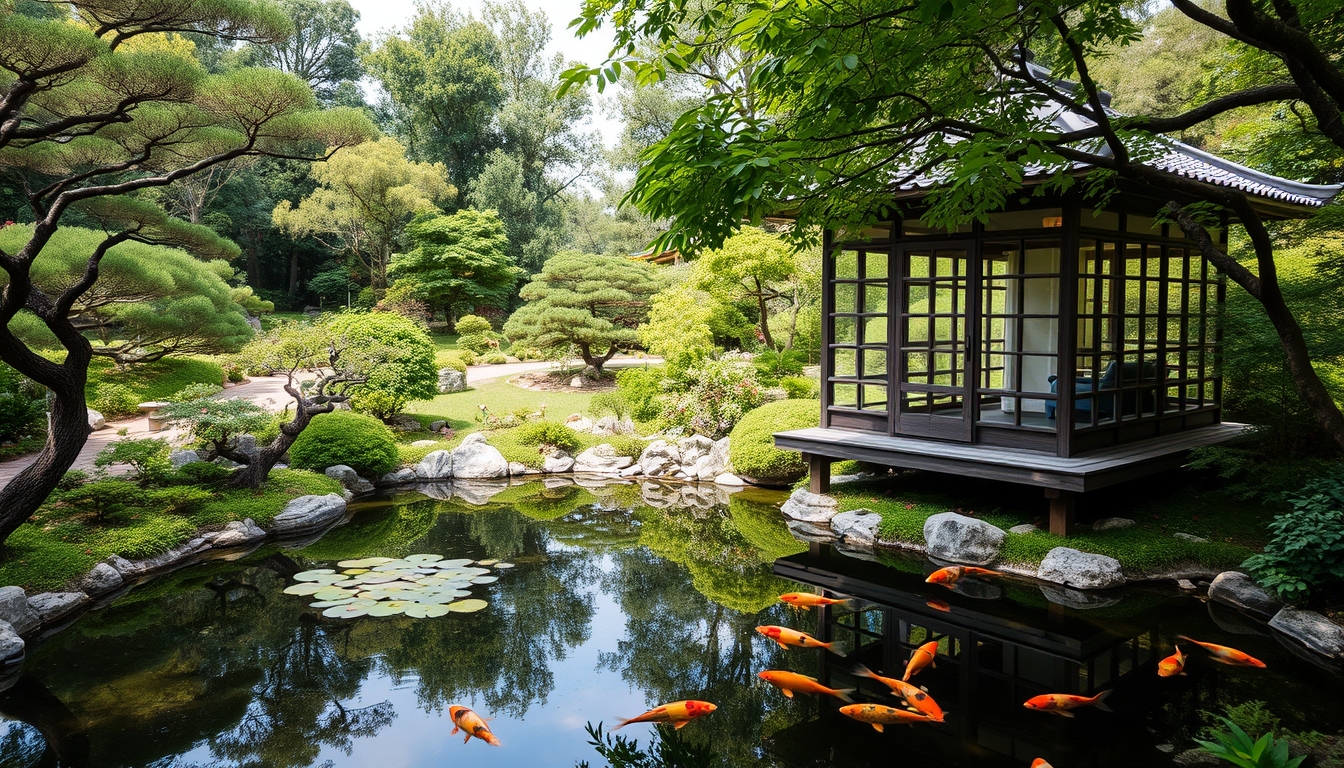 A serene Japanese garden with a glass teahouse overlooking a koi pond. - Image