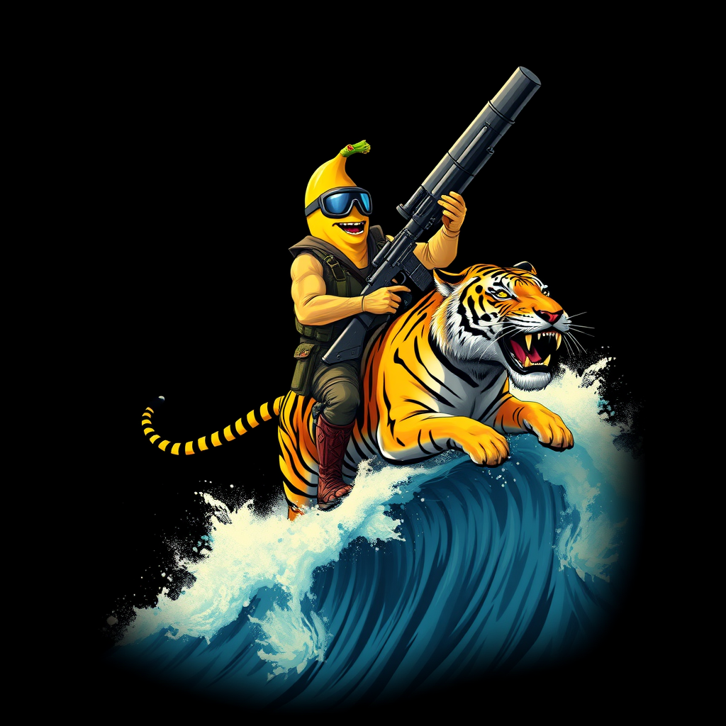 A tee shirt design of a sentient anthropomorphic determined banana man dressed in Rambo gear, carrying a huge rocket launcher in one hand and a huge chain gun in the other, while surfing on a Bengal tiger on a massive ocean wave. Epic design. Fading to black around the entire boundary of the image. Vibrant future punk colors.