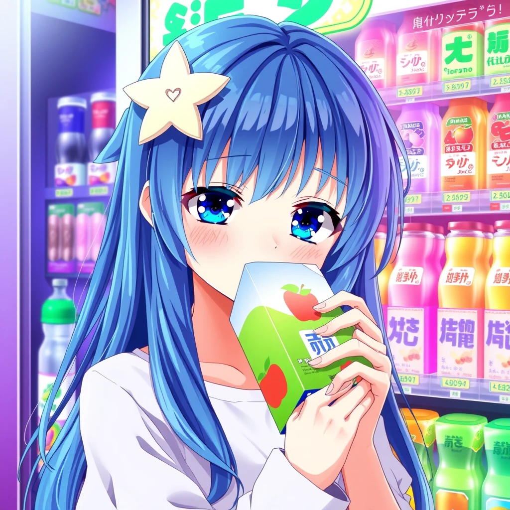 Anime style illustration of a young woman with long blue hair and bright blue eyes, drinking from an apple juice box. She wears a star-shaped hair accessory. The background shows a colorful drink vending machine or convenience store shelf with various beverages, including some with Japanese text. The scene has a mix of purple, blue, and green tones. The character has a slightly melancholic expression. Highly detailed, vibrant colors, soft lighting. - Image