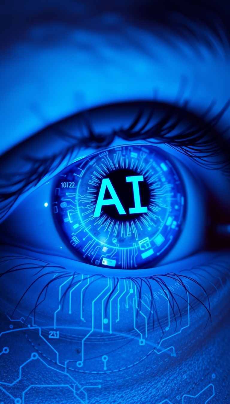 Macro shot of a human eye inside a blue iris with embedded tech elements and digital circuits, blue colored lighting, text "AI" written on the iris, copyspace on the right side, space for text.