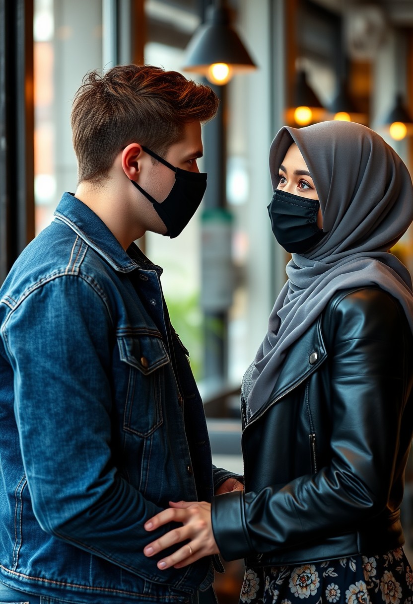 Jamie Dornan's head and body shot, handsome, face mask black, blue jeans jacket, jeans, dating, love couple with grey hijab Muslim girl, beautiful eyes, face mask black, black leather jacket, biggest pattern skirt, talking at cafe, photorealistic.