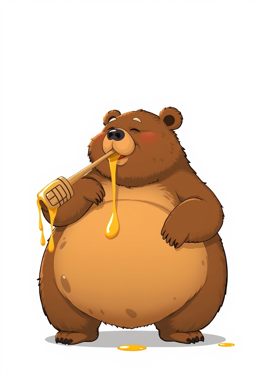 Obese bear chugging honey, bloated overhanging sagging belly, high resolution, - Image