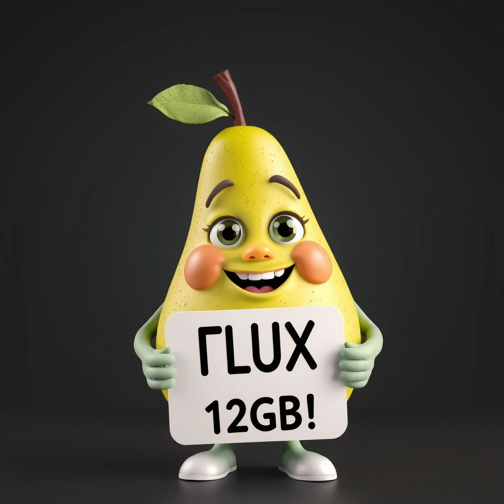 3D render, masterpiece, a cartoon pear with human features holds a sign with text: "FLUX 12GB!" - Image