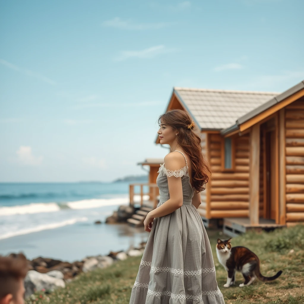 "By the seaside, there are wooden cabins, a young woman in a dress, and a cat."