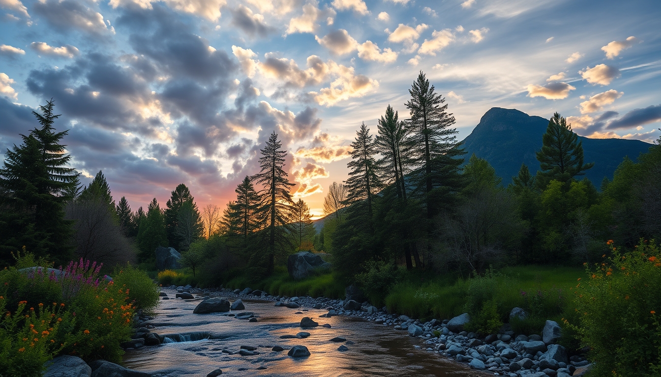 Outdoor scenery, with clouds in the sky, a river, trees, flowers, rocks, at sunset, with a mountain in the background, a reflection of nature.