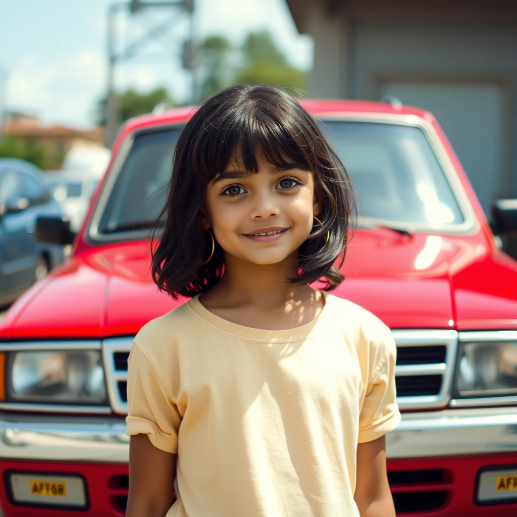 a girl in front of red car - Image