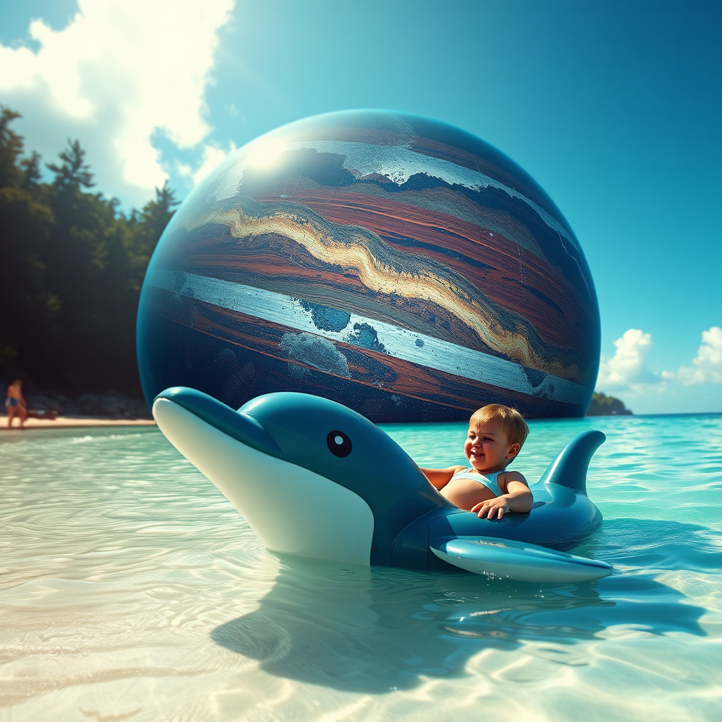 mass effect, Palaven turian planet, blue clear sea, beach, forest, kid swimming on dolphin inflatable float close-up