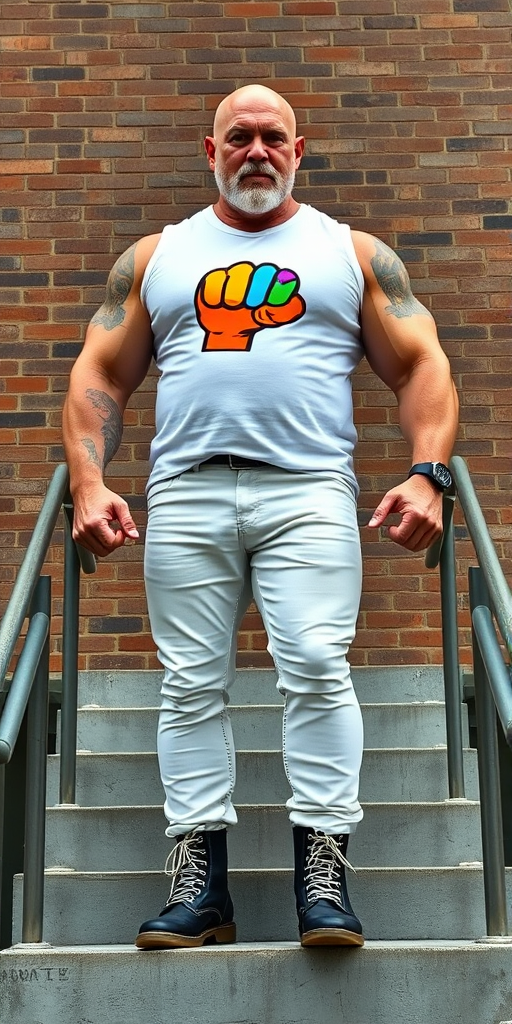 A towering, muscular 60-year-old skinhead bodybuilder stands confidently on concrete stairs, his gleaming bald head contrasting with his light skin. Clad in a striking white t-shirt with a logo of the rainbow gay flag in the shape of a fist, tattooed arms flex beneath the sleeveless fabric. Tight bleached denim trousers highlight his powerful legs, complemented by knee-high Dr. Martens boots with white laces. The rugged brick wall and metal handrails create an industrial backdrop, enhancing the imposing presence of this behemoth. - Image