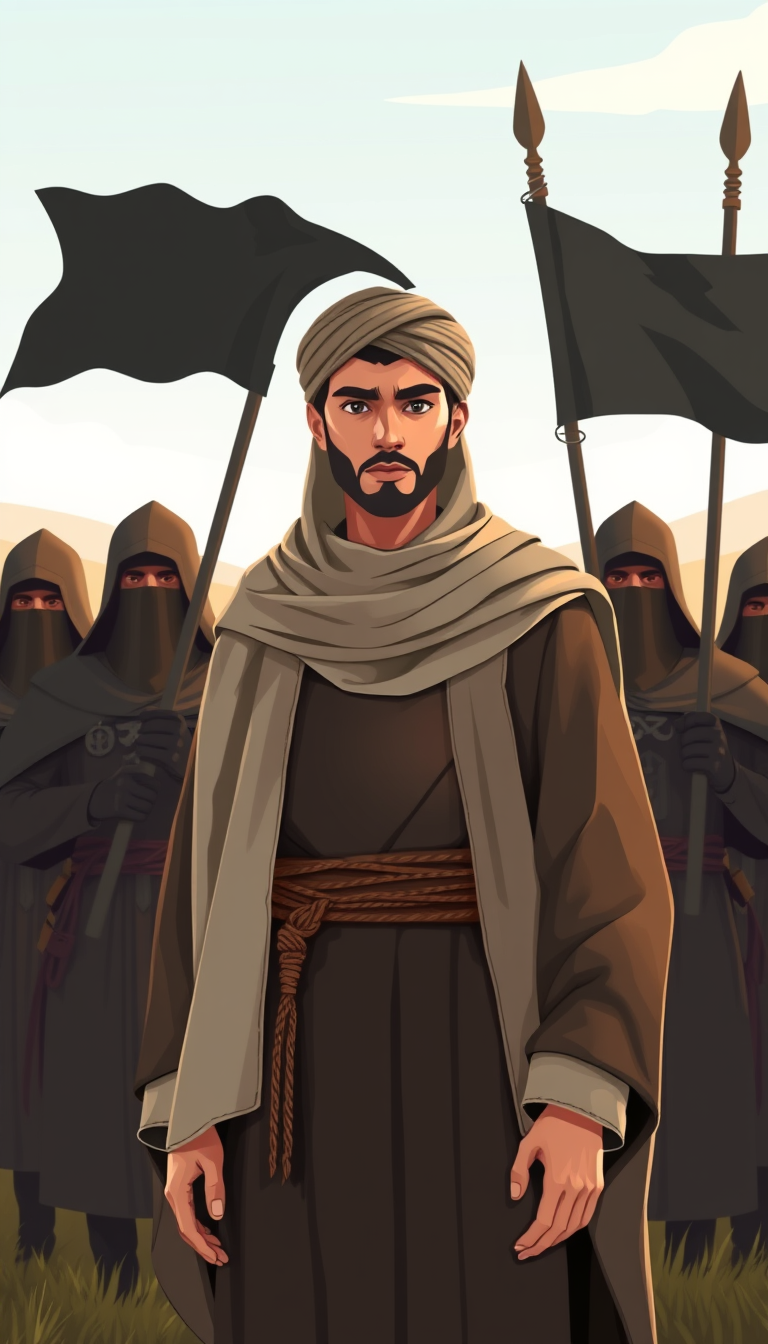 Flat digital vector of a young Muslim commander wearing modest biblical cloak and turban clothes, standing behind great Muslim warriors with a leader expression. The medieval Muslim warriors are wearing veils and holding black banners, guarding him in open land, with smooth textures.