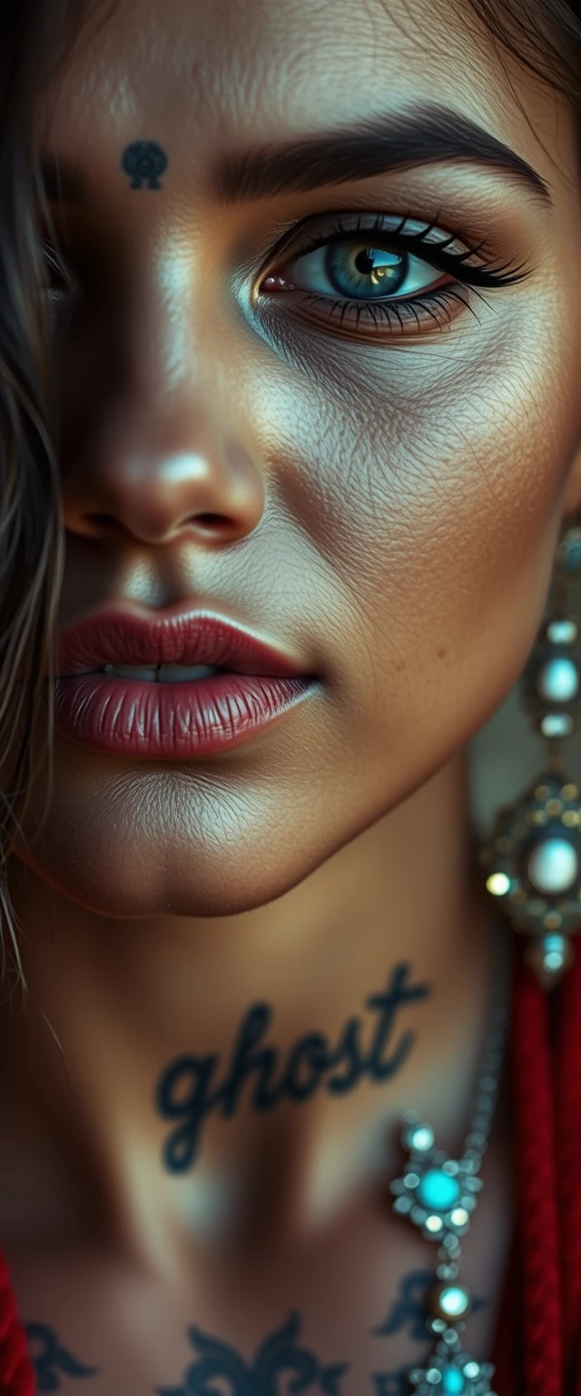 Close-up view of a tattooed neck of an Indian woman with beautiful facial features and blue eyes, with the word "ghost" written, wearing diamond ornaments.