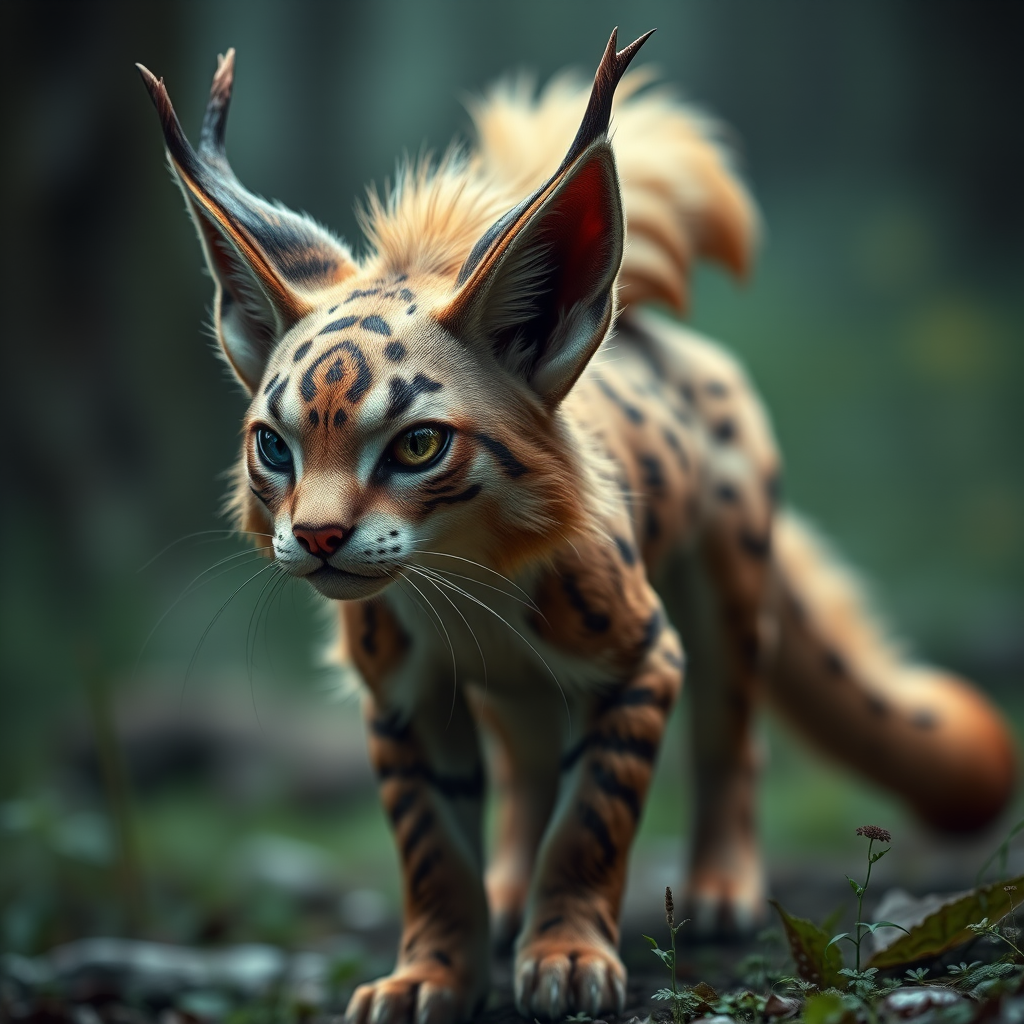 "Ultra-realistic scene: there's a mythical beast that looks like a wildcat, with only one eye, four ears, and three fox tails. In ultra-detailed 16K resolution."