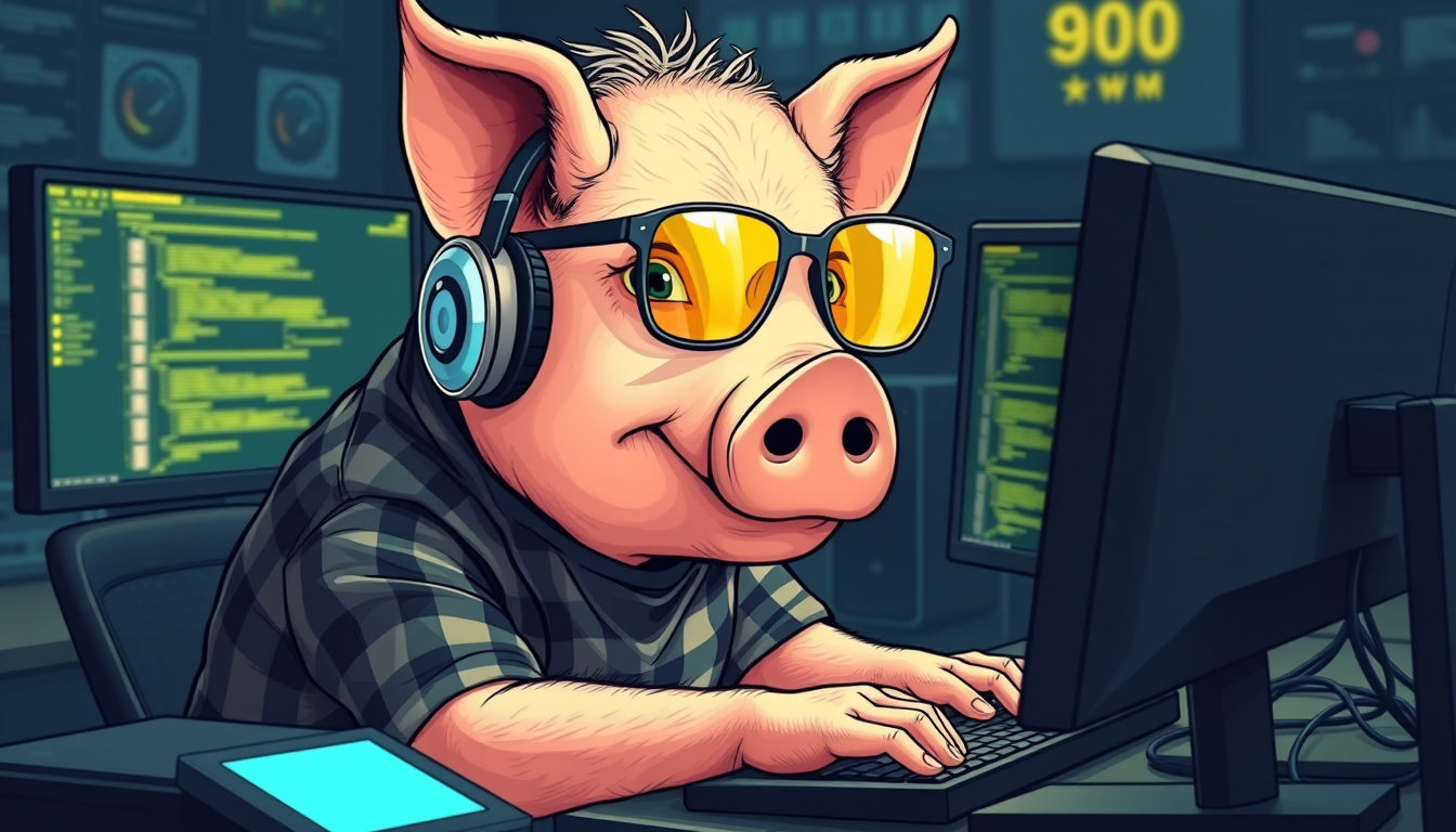 A tech-savvy porcine coder, donning yellow-tinted glasses and sleek noise-cancelling headphones, hunches over a cutting-edge multi-monitor setup. The anthropomorphic pig exudes focus, typing furiously while wearing a plaid t-shirt.