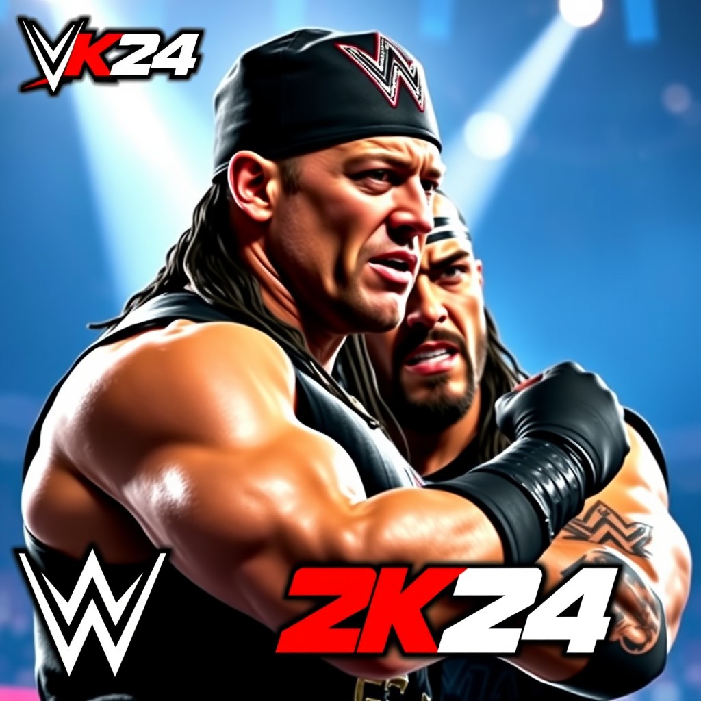 John Cena versus Roman Reigns YouTube thumbnail that stands out and draws viewers' attention. WWE 2K24 style. Video Game style. - Image