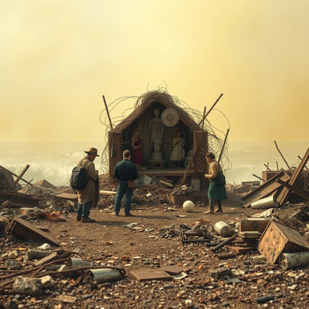 post-apocalypse landscape, ruins, rust, several people pray near a shrine made from garbage, wires, waste, debris and pieces, toxic waste, yellow haze, atmosphere of decay, the ocean is raging in the background - Image