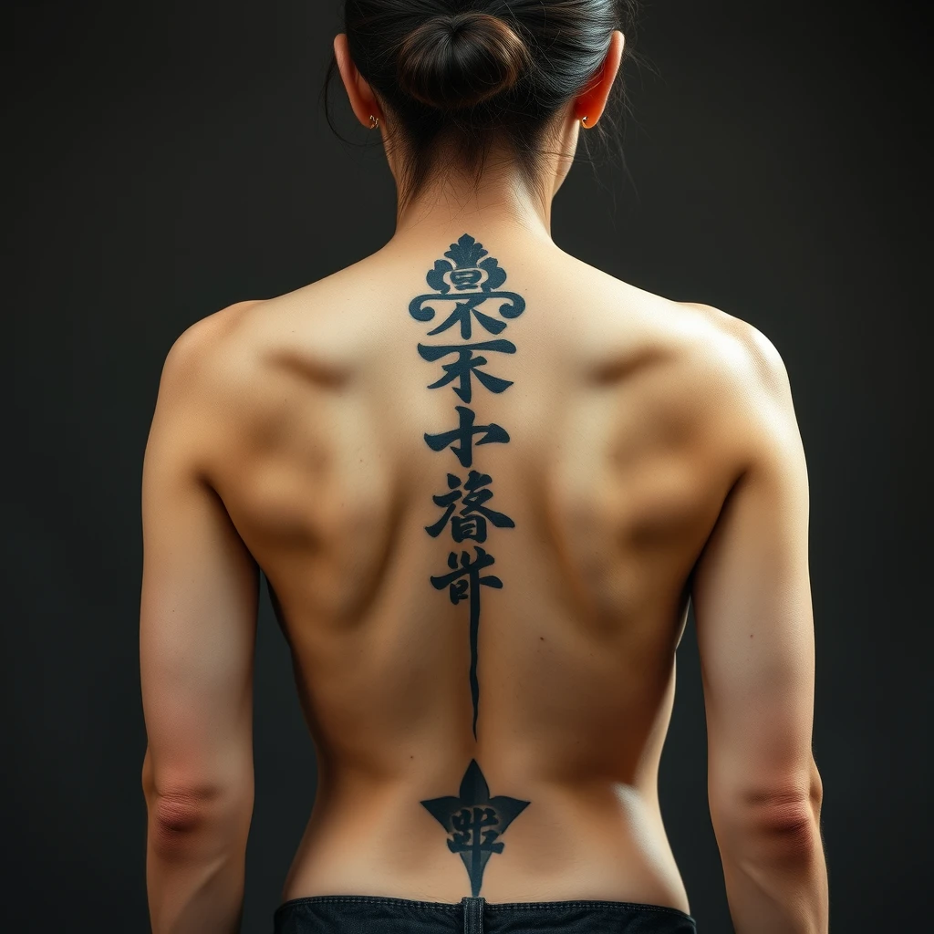 Tattooed back of muscular Korean Indian women with white skin.