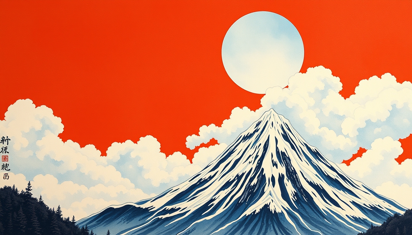 Japanese style painting, red sky, blue sun, tall mountain, beautiful cloud, detailed.