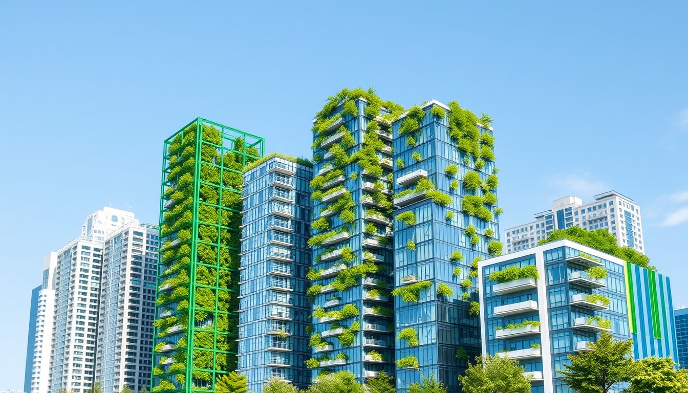 Green financial district with eco-friendly buildings, representing sustainable finance.