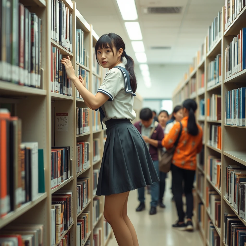 Real person photography, in the library, there is a Japanese female student wearing a school uniform skirt (with white skin) who is climbing the shelf to look for books. There are many people in the library. - Image