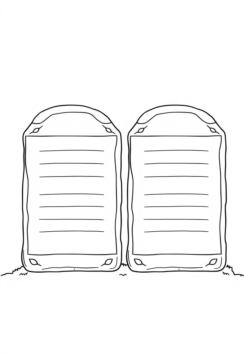 Coloring book page. Two stone tablets for the Ten Commandments coloring page: Draw two large, rectangular tablets with rounded tops. Add horizontal lines to represent text. The tablets should be proportioned to fill most of the page. Line art vector style, white background, black and white drawing, sharp black lines.