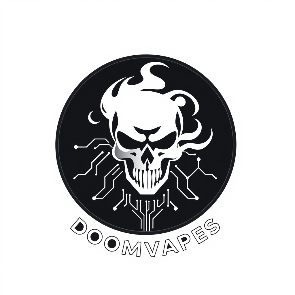 Sleek, minimalist logo for DoomVapes: stylized vapor cloud forming a skull. Monochromatic black and white design with sharp, clean lines. Futuristic yet ominous atmosphere. Subtle circuit board patterns in negative space. Balanced composition, centered within a circular frame. Professional and edgy aesthetic.