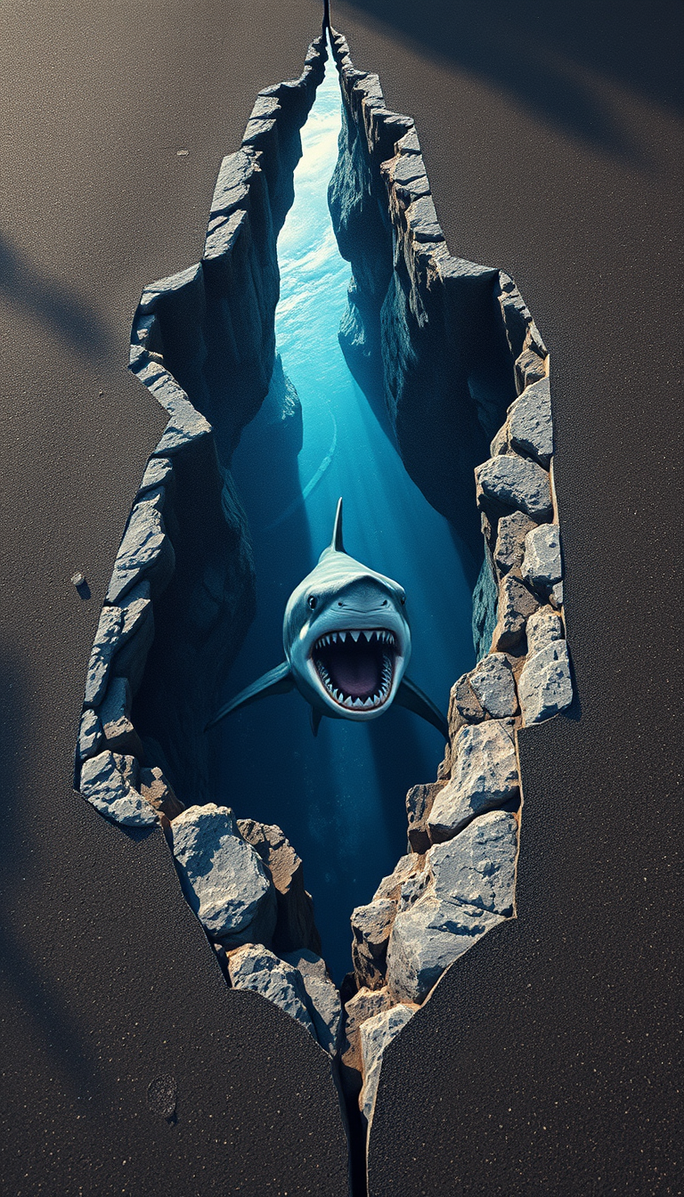 anamorphosis, 3d painting on asphalt, a large deep rift with [a shark in the depths of the ocean], maximum detail, clarity, 8k