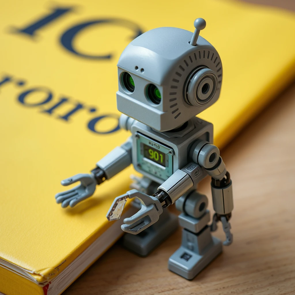 The robot bit off the corner of a yellow book labeled 1C programming.