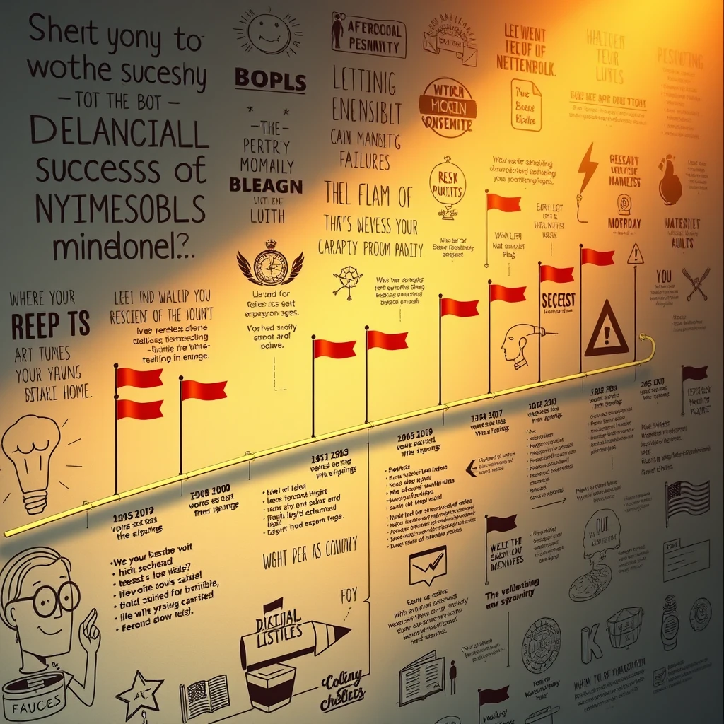 An artistic rendering of a timeline illustrating various milestones of success after numerous failures, each milestone marked by a small flag, background includes motivational quotes and symbols of perseverance, warm lighting, creative and uplifting atmosphere, digital illustration, intricate details --ar 16:9