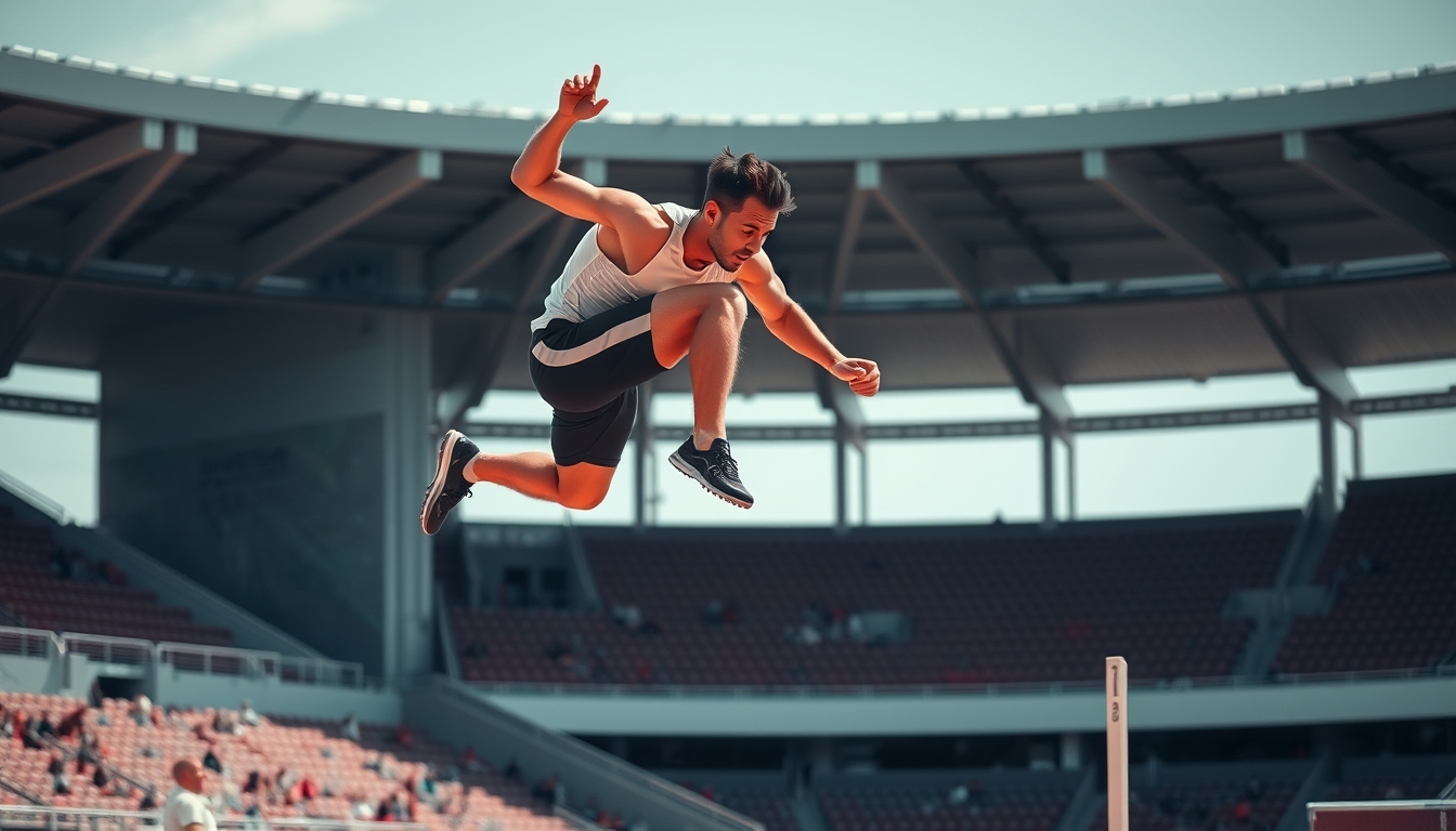 A dynamic shot of an athlete in mid-air, performing a high jump in an outdoor stadium, with a focus on strength and movement.