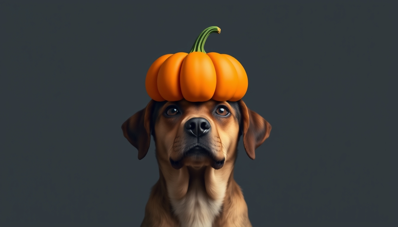 A dog with a pumpkin on its head, minimalistic style, Halloween theme, simple background.