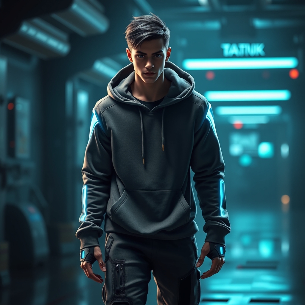 Realistic, futuristic character with glowing blue accents, wearing a hoodie and sneakers, in a dramatic sci-fi movie scene with dynamic lighting and a blurred background, no text.