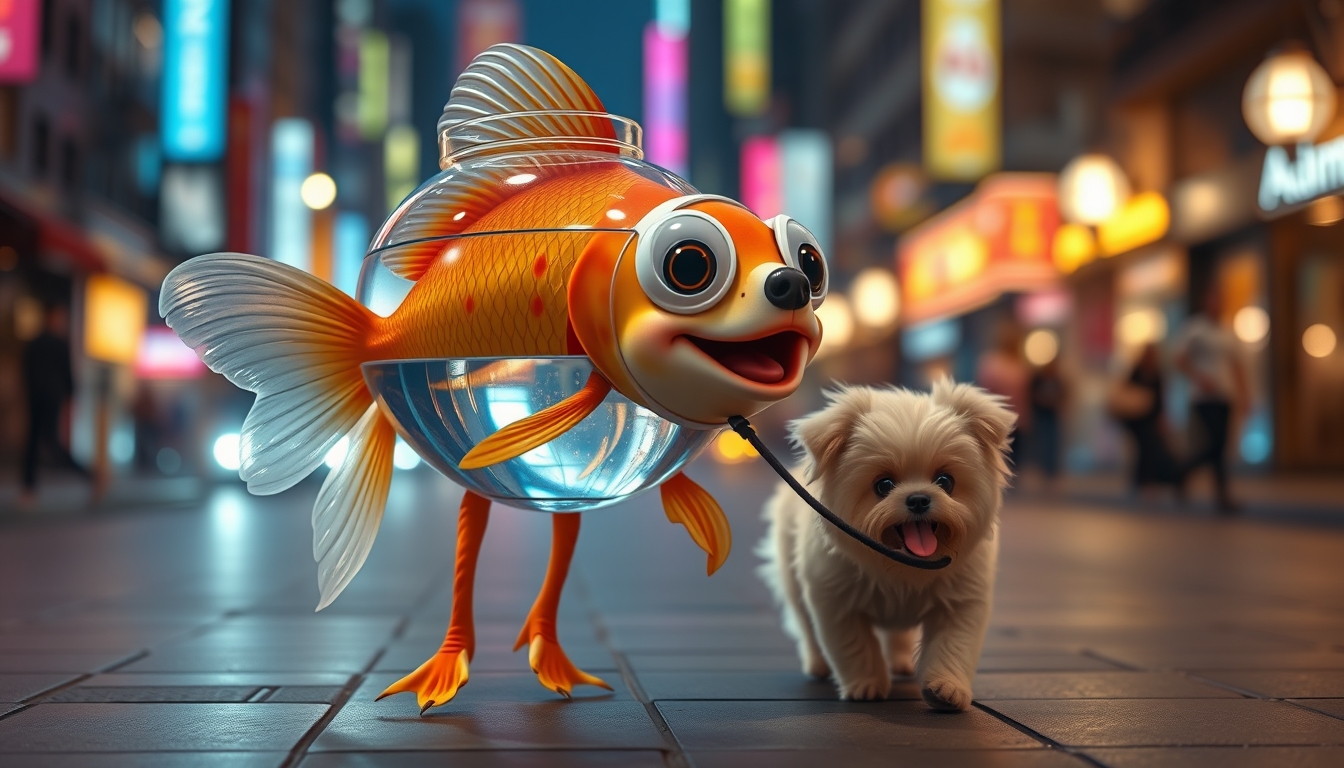 A cute happy goldfish wearing a fish bowl as a breathing mask (half filled with water) is walking a cute dog on a leash in the streets at night, colorful city lights, happily laughing, mouth open, cute face, walking on fins (no legs), fluffy dog in front, silly walk, ultra realistic, realism.