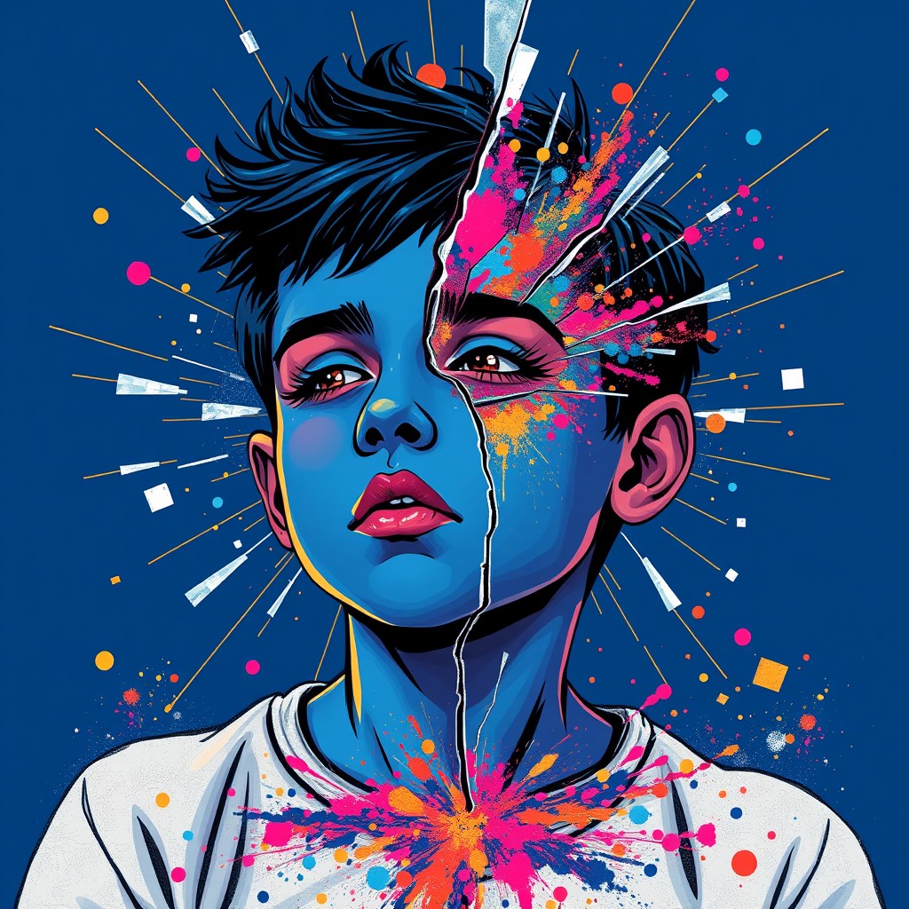 A boy with blue skin and an abstract broken face, surrounded by glass breakage and gold lines on a dark blue background, a colorful explosion of the spillage of powder. Illustration style, Andy Warhol style, Picasso style. - Image