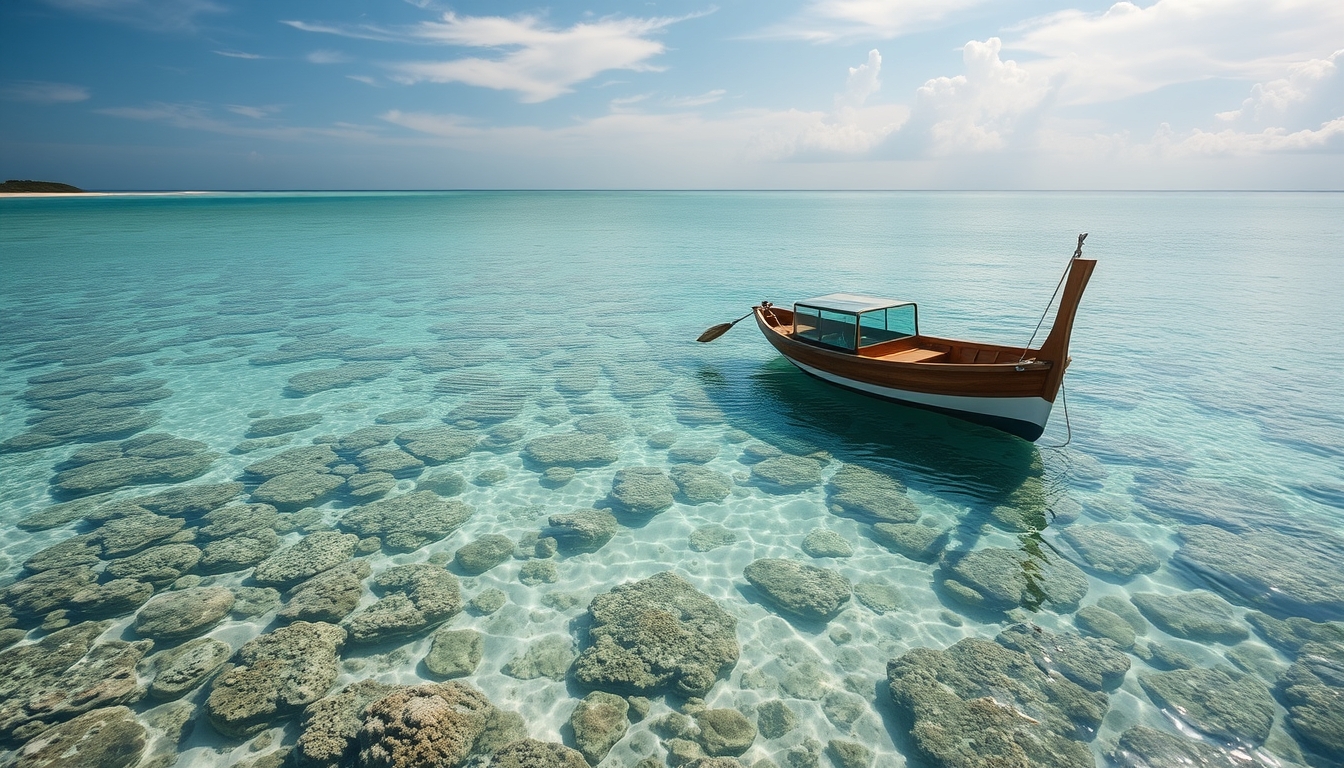 A tranquil beach with a glass-bottomed boat floating over a coral reef.