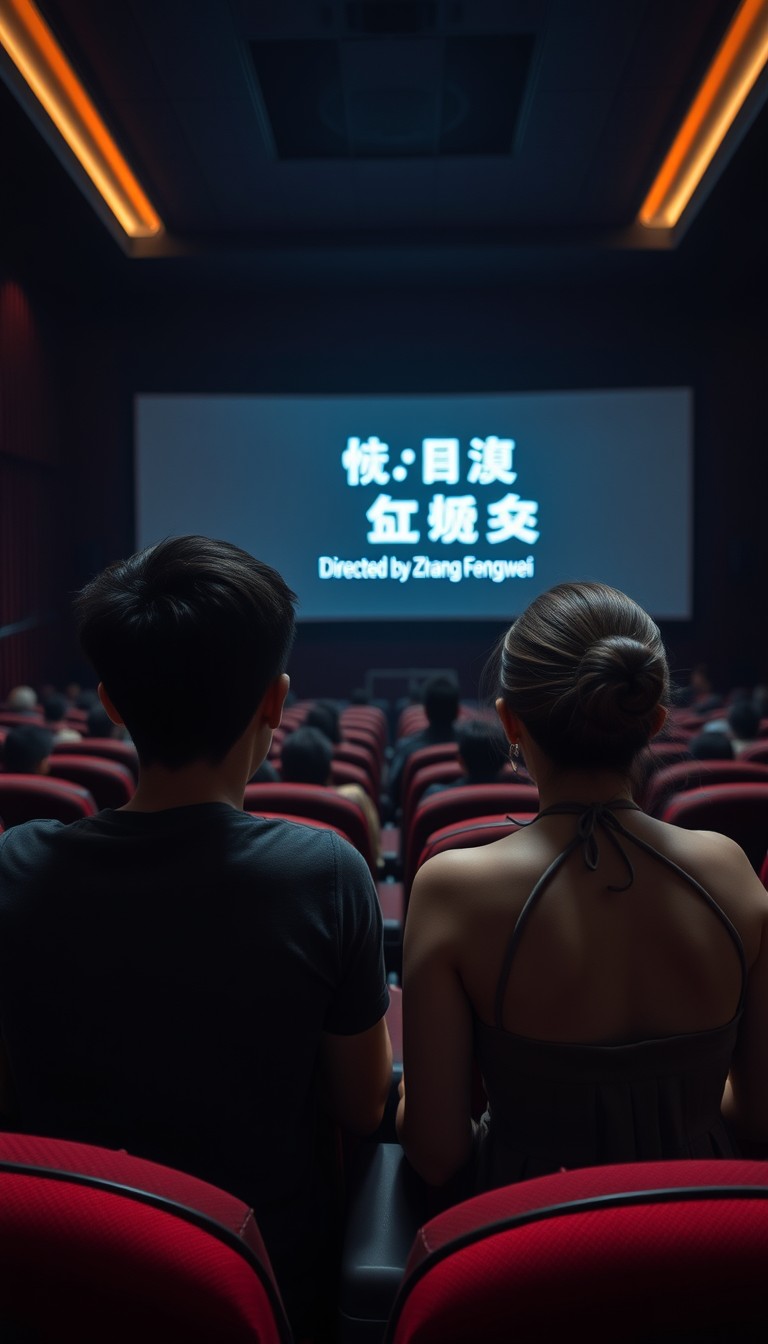 In a dimly lit theater, a young Chinese man and woman sit in their seats watching a movie, the boy in a gray short-sleeved T-shirt, the girl with fair skin, wearing a halter dress and a hairpiece, only their backs visible, and on the big screen in the theater, it clearly reads, "Directed by Zhang Fengwei."