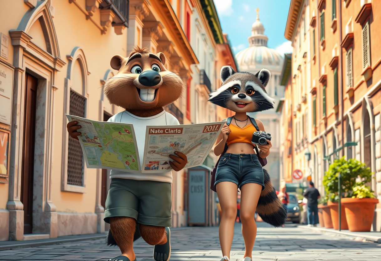 Create a charming scene of a beaver guy dressed in shorts and a t-shirt and a raccoon girl dressed in a crop top and shorts, both smiling as they casually stroll through the picturesque streets of Rome. The beaver should hold a map, eagerly pointing out landmarks, and the raccoon should carry a small camera, filming their adventures. The duo should look cheerful and curious, enjoying their whimsical journey together. Surround them with iconic Roman elements. The vibrant colors of the historic buildings should complement the vibrant atmosphere. This photo should evoke a sense of wonder, camaraderie, and playful exploration in one of the most beautiful cities in the world. 3D cartoon Pixar style, photorealism.