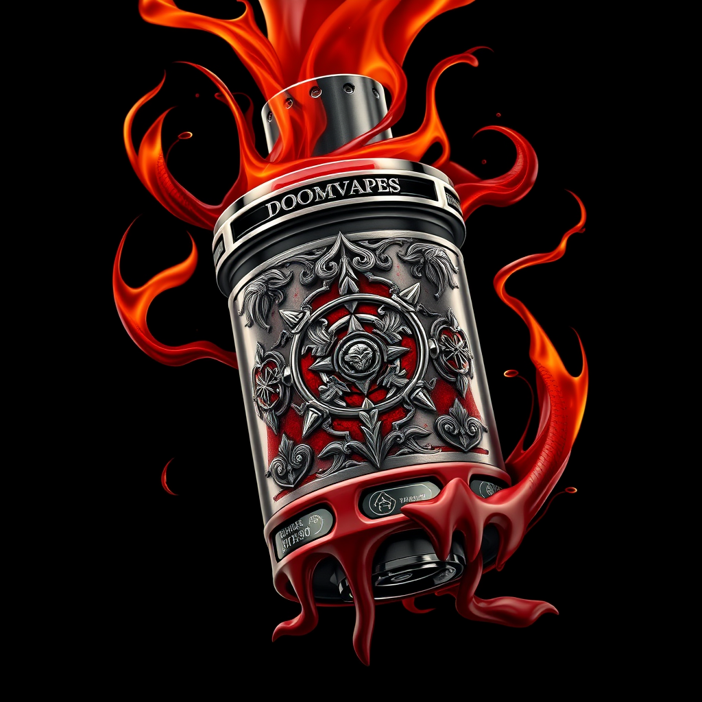 Hyper-realistic logo design for DoomVapes: Intricately detailed metallic vape tank, engraved with infernal motifs. Hellfire wisps curl around the device. Blood-red liquid seeps through cracks. Chthonic symbols etched on sleek surface.