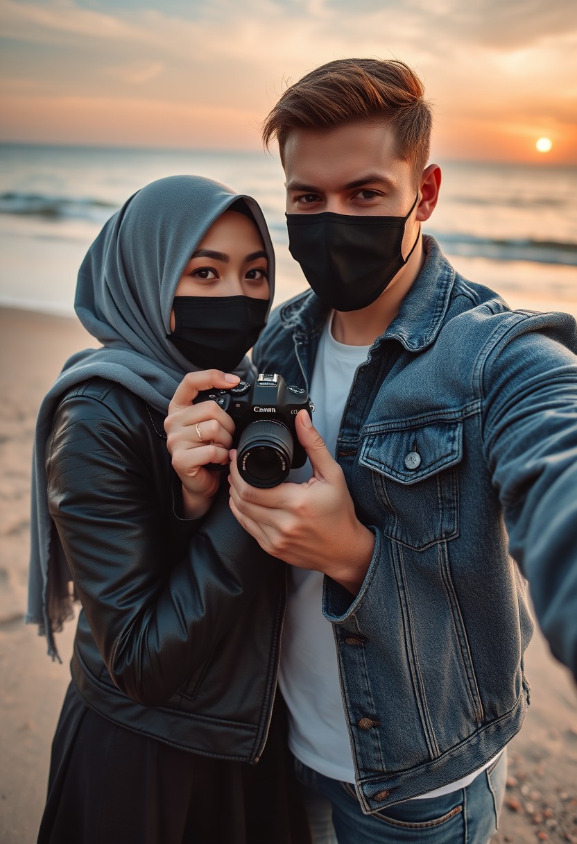 Jamie Dornan's head and body shot, handsome, face mask black, jeans jacket, jeans, dating, love couple, with biggest grey hijab Muslim girl, face mask black, beautiful eyes, black leather jacket, biggest skirt, taking photo at beach, camera DSLR Canon, sunrise, hyper realistic, street photography, selfie.