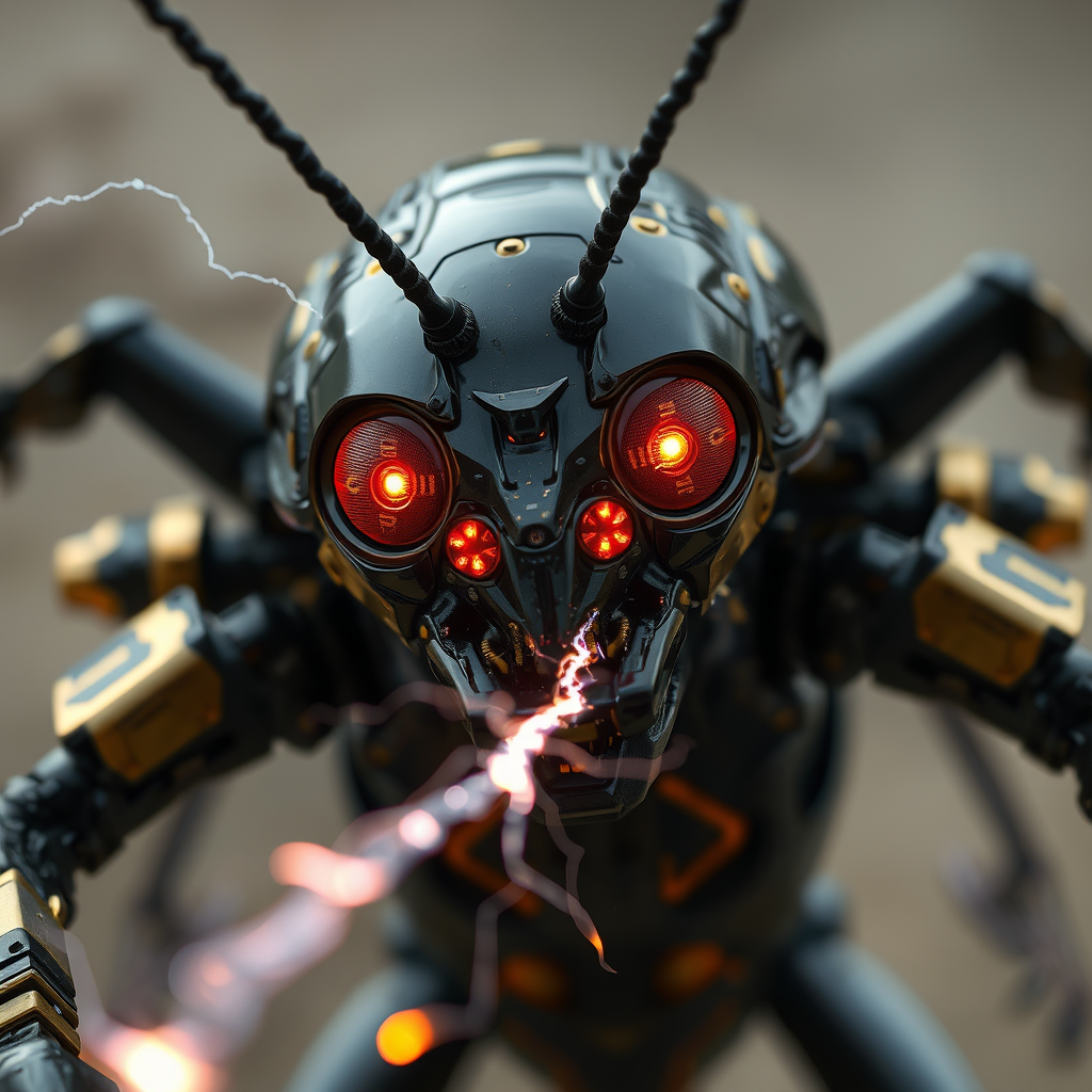 Zoom out of a black cockroach-faced humanoid with red glowing eyes and gold circuitry, shooting electricity from his powerful antenna while attacking, realistic, 8K.