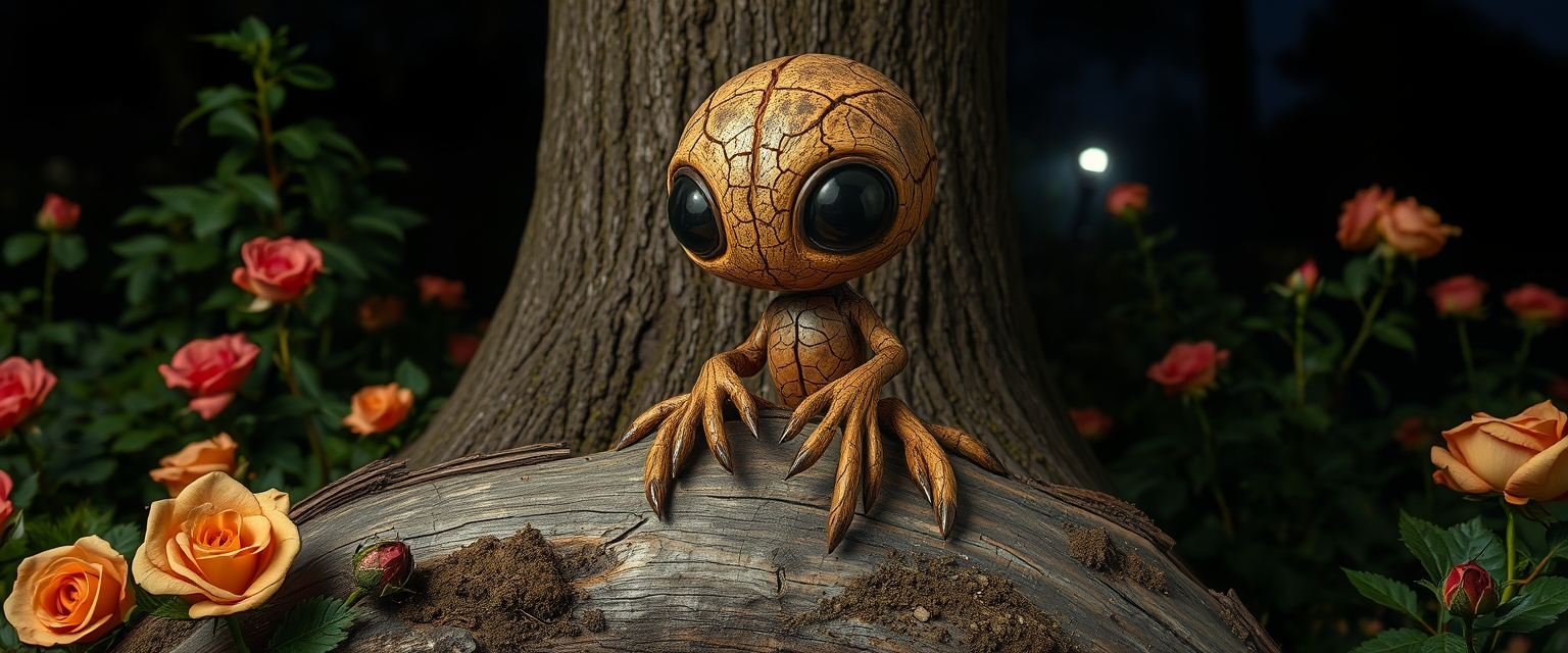 Little cute cracked wood alien void creature, charred, long wooden petals and mud, sitting on top of a log, lush garden, roses, lurking behind tree, ultra large black dot eyes, night scene, backlit, by [Alexander Archipienko, Wendell Castle, Picasso], fantasy art, abstract, surreal. - Image