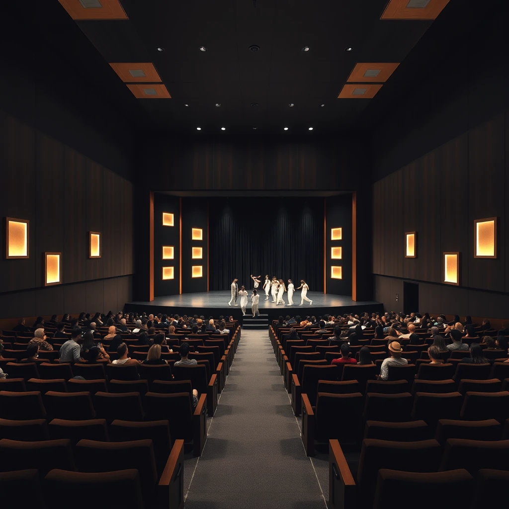 Internal view, photorealistic, of a theater hall 22.75 meters long and 10.10 meters wide, 7.10 meters high, with rows of dark velvet seats, accommodating at least 150 seats, 35% of which are occupied by an audience, viewed from behind. At the back of the hall is the stage, 1.50 meters high from the floor, the walls are smooth, covered with dark wood, at a height of 4 meters, there are some lighter wood squares with a bright glow inside. On the stage, some dancers are performing a modern dance, dressed in white clothes. The hall is in semi-darkness, with only spotlights illuminating the stage.