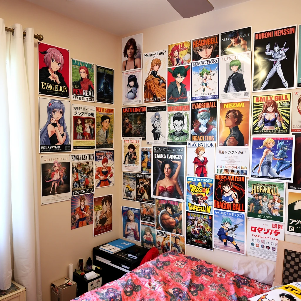 In a room, one wall is covered with many posters, including those of Rei Ayanami, Asuka Langley, Neon Genesis Evangelion, Dragon Ball, Rurouni Kenshin, Masakazu Katsura's Video Girl Ai, Castle in the Sky, and more. It is a girl's bedroom.