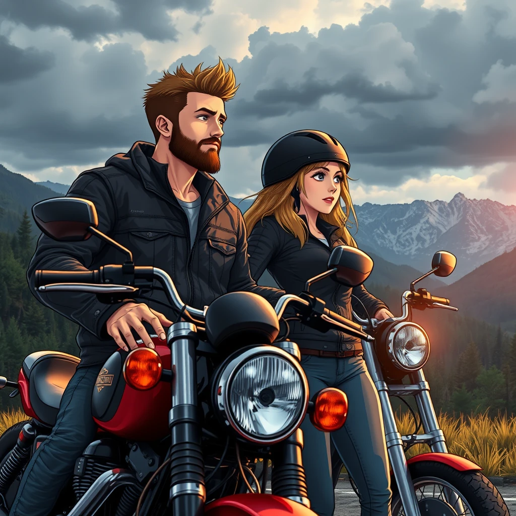 Anime illustration in Katsuhiro Otomo style of a handsome man and beautiful woman standing beside their parked Harley Davidson wearing biking gear, looking at majestic mountains, close up shot, shot by macro lens, dark clouds, forest in background, 8K resolution, glossy colors, HDR —no tattoo, blurred, three fingers, ugly hands, distorted, low resolution, beard, helmet, matte finish.