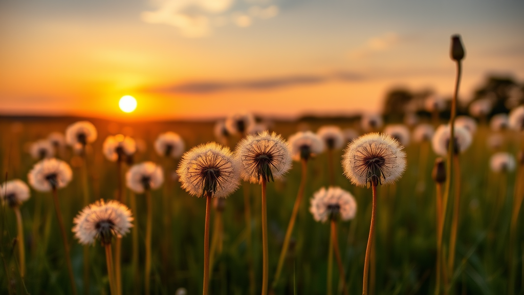 a field of dandelions in the sunset with the sun setting in the background, by Andrew Domachowski, art photography, dandelions, award winning nature photo, dandelion, the brilliant dawn on the meadow, weeds and grass, sunny meadow